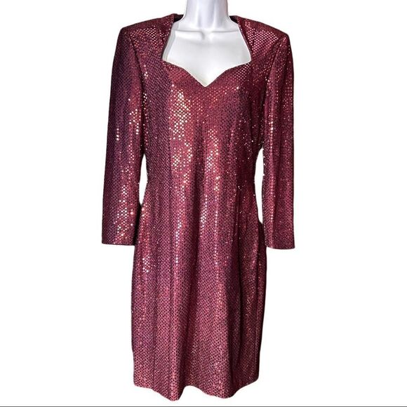Niki By Niki Livas Burgundy Sequence Evening Dress Long Sleeves Sz 10 USA MADE - Picture 2 of 8